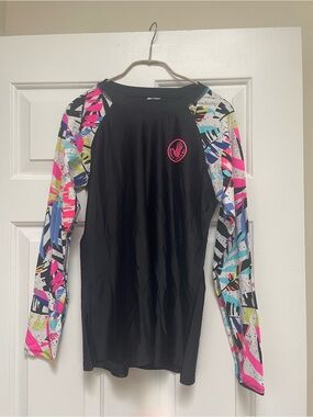 Body Glove Black Rash Guard with Neon Pink and Multi-Color Graphic Sleeves